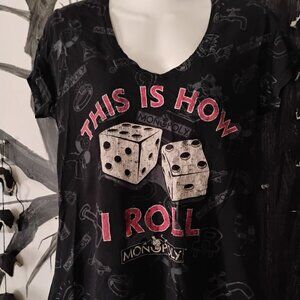 Monopoly T-shirt size L *THIS IS HOW I ROLL* V-neck Retro Vintage Gaming Tee